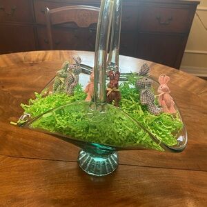 Vintage Aqua Glass Pedestal Basket with Handle Pristine